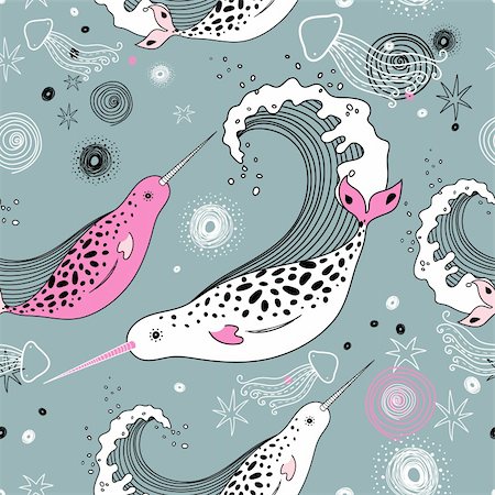 simsearch:400-08627385,k - seamless pattern of marine whales and jellyfish on a gray background Stock Photo - Budget Royalty-Free & Subscription, Code: 400-04360643