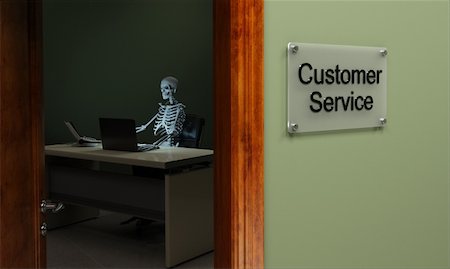 skeleton in waiting line - Skeleton sitting at a desk, concept for non existent customer service Stock Photo - Budget Royalty-Free & Subscription, Code: 400-04361299