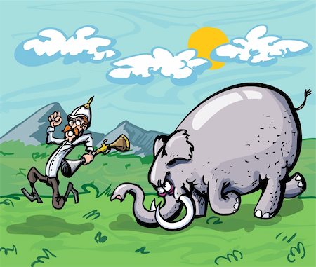 people running scared - Cartoon of a hunter chased by an elephant. Mountains and sky in the back ground Stock Photo - Budget Royalty-Free & Subscription, Code: 400-04361326