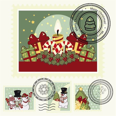 Series of stylized Christmas post stamps. Stock Photo - Budget Royalty-Free & Subscription, Code: 400-04363396