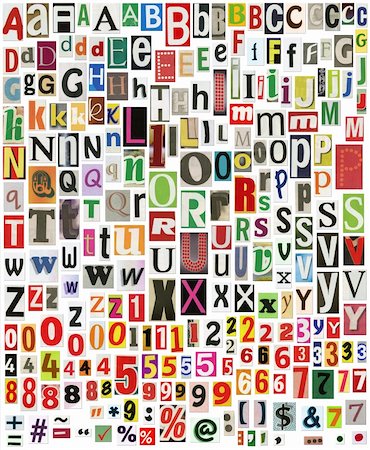 simsearch:400-08409893,k - Newspaper alphabet with numbers and symbols, isolated on white Stock Photo - Budget Royalty-Free & Subscription, Code: 400-04374500