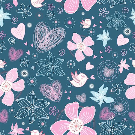 Seamless pink floral pattern with birds on a dark blue background Stock Photo - Budget Royalty-Free & Subscription, Code: 400-04374784