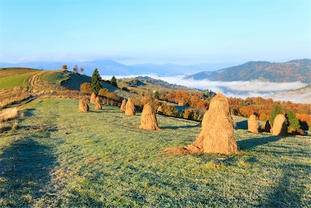 simsearch:400-05719580,k - Autumn misty morning plateau with stack of hay and country dirty road (Mighgirya village outskirts, Carpathian Mt's, Ukraine). Photographie de stock - Aubaine LD & Abonnement, Code: 400-04376647