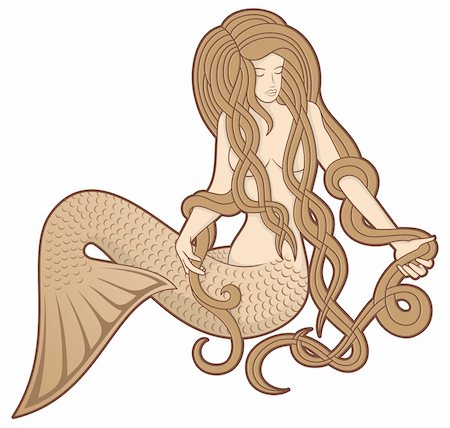 fish clip art to color - Illustration of a sitting mermaid with long hair on white background. Stock Photo - Budget Royalty-Free & Subscription, Code: 400-04378222