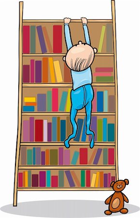 illustration of baby boy climbing on bookcase Foto de stock - Super Valor sin royalties y Suscripción, Código: 400-04378288