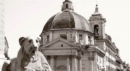 simsearch:400-06924255,k - Piazza del Popolo and fountain lion in Rome Italy, black / white photo Stock Photo - Budget Royalty-Free & Subscription, Code: 400-04379220