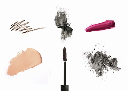 Cosmetic products isolated on white: mascara, lip gloss or lipstick, concealer, eyeliner Stock Photo - Budget Royalty-Free & Subscription, Code: 400-04370001