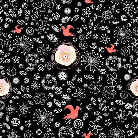 seamless floral pattern with white birds on a black background Stock Photo - Budget Royalty-Free & Subscription, Code: 400-04370460