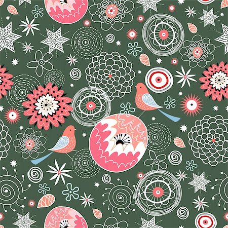 seamless bright red floral pattern with birds on a dark background Stock Photo - Budget Royalty-Free & Subscription, Code: 400-04370485