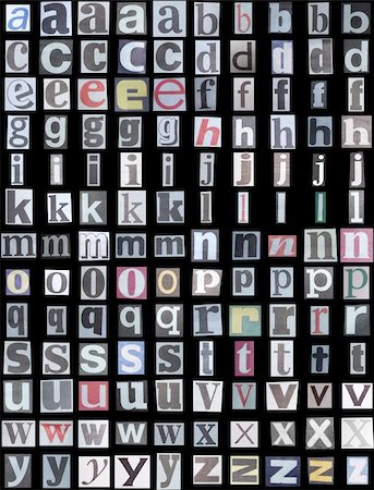 simsearch:400-05903482,k - Newspaper alphabet lower case over a black background Stock Photo - Budget Royalty-Free & Subscription, Code: 400-04371026
