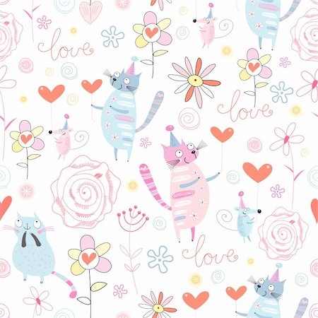 festive fun pattern with cats and mice with hearts on white background Stock Photo - Budget Royalty-Free & Subscription, Code: 400-04371041