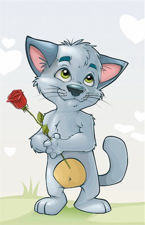 vector illustration of a cute blue kitten, who stands with a rose in his hand and stares at the sky Stock Photo - Budget Royalty-Free & Subscription, Code: 400-04371058