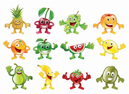 A set of happy cute colourful fruit character mascots Stock Photo - Budget Royalty-Free & Subscription, Code: 400-04373110