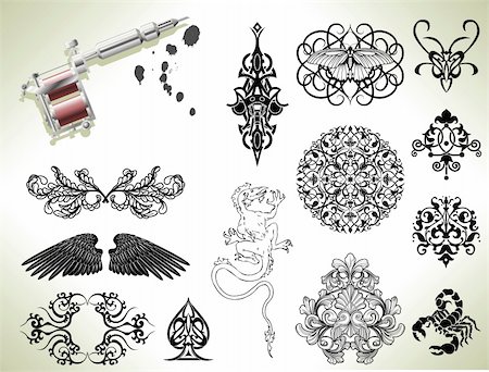 floral tattoo - Series set of tattoo flash design elements with tattooists gun or machine Stock Photo - Budget Royalty-Free & Subscription, Code: 400-04373112