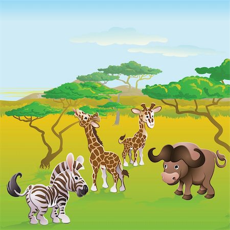 simsearch:400-04836462,k - Cute African safari animal cartoon characters scene. Series of three illustrations that can be used separately or side by side to form panoramic landscape. Foto de stock - Super Valor sin royalties y Suscripción, Código: 400-04385152