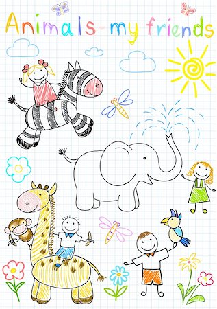 Vector sketches happy children's and animals. Sketch on notebook page Stock Photo - Budget Royalty-Free & Subscription, Code: 400-04385680