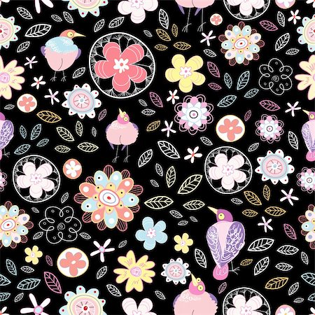 simsearch:400-05375439,k - seamless floral pattern with lavender birdies against a black background Stock Photo - Budget Royalty-Free & Subscription, Code: 400-04385934