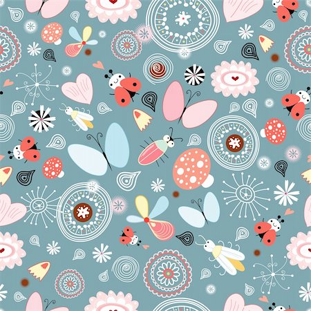 simsearch:400-05375439,k - seamless floral pattern with beetles and butterflies on a blue background Stock Photo - Budget Royalty-Free & Subscription, Code: 400-04385933