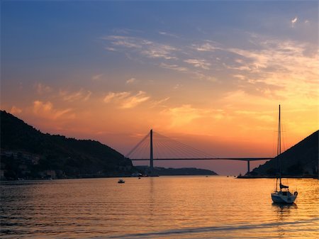 simsearch:400-07748817,k - Sunset view on the new guyed bridge near Dubrovnik in Croatia Stock Photo - Budget Royalty-Free & Subscription, Code: 400-04386015