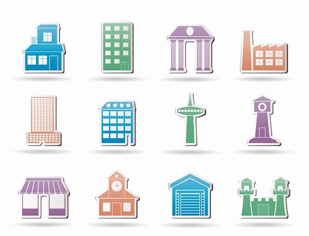 school city illustration - different kind of building and City icons - vector icon set Stock Photo - Budget Royalty-Free & Subscription, Code: 400-04386440