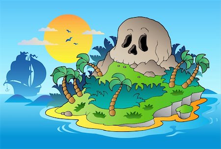 Pirate skull island with ship - vector illustration. Stock Photo - Budget Royalty-Free & Subscription, Code: 400-04387304