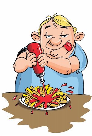 Cartoon of overweight man putting ketchup on his fries. Isolated Foto de stock - Super Valor sin royalties y Suscripción, Código: 400-04389171