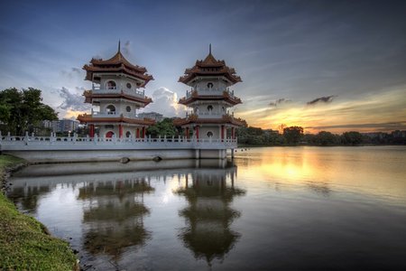 Twin Pagodas at Singapore Chinese Garden Lake at Sunset Stock Photo - Budget Royalty-Free & Subscription, Code: 400-04380304