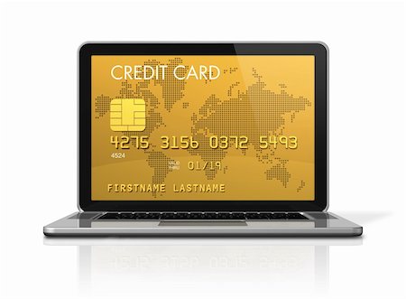 simsearch:700-05452103,k - 3D render of a gold credit card on a laptop screen- isolated on white with 2 clipping paths : one for global scene and one for the screen Stock Photo - Budget Royalty-Free & Subscription, Code: 400-04382597