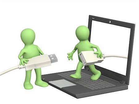 3d puppets with laptop and usb cables. Isolated over white Stock Photo - Budget Royalty-Free & Subscription, Code: 400-04382646