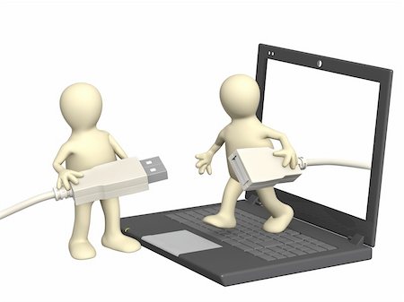 3d puppets with laptop and usb cables. Isolated over white Stock Photo - Budget Royalty-Free & Subscription, Code: 400-04382647