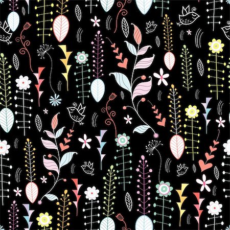 seamless floral pattern on a black background with birds Stock Photo - Budget Royalty-Free & Subscription, Code: 400-04394238