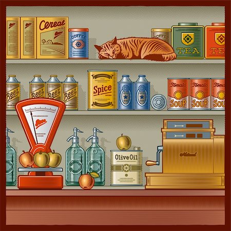 Retro store with scales, cash register, various foods and sleeping red cat. Vector illustration in woodcut style with clipping mask Stock Photo - Budget Royalty-Free & Subscription, Code: 400-04394758