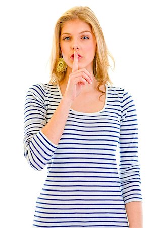 simsearch:400-05888428,k - Alert beautiful teen girl  with finger at mouth isolated on white. Shh gesture Stock Photo - Budget Royalty-Free & Subscription, Code: 400-04397986