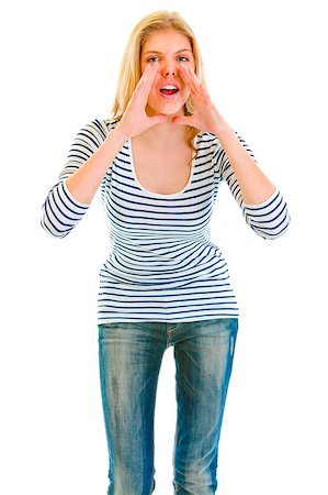 simsearch:400-05888428,k - Funny beautiful teen girl shouting through megaphone shaped hands isolated on white Stock Photo - Budget Royalty-Free & Subscription, Code: 400-04397983