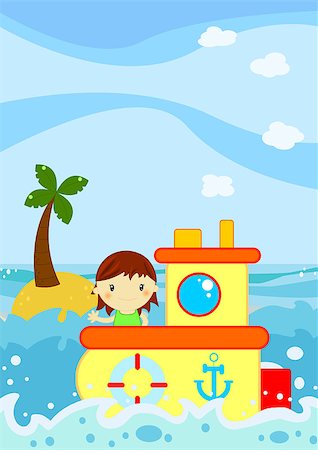 Digital ilustration of a cute smiling girl driving a motor boat among the sea waves Stock Photo - Budget Royalty-Free & Subscription, Code: 400-04398253
