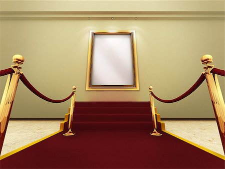 simsearch:693-05552760,k - Red carpet leading up to the stairs to a golden picture frame on a wall. (A clipping path for the white content area is included for placing your own content.) Stock Photo - Budget Royalty-Free & Subscription, Code: 400-04398466