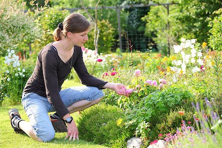 A young woman enjoys the flowers in the garden Stock Photo - Budget Royalty-Free & Subscription, Code: 400-04398729
