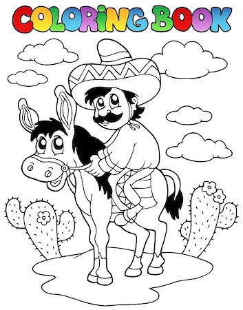 Coloring book with man riding donkey - vector illustration. Stock Photo - Budget Royalty-Free & Subscription, Code: 400-04399053