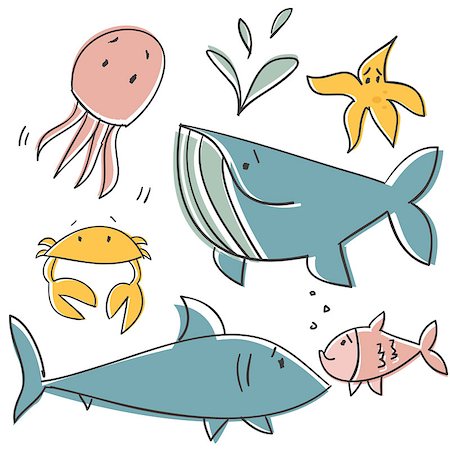 fish cartoon characters - Doodle sea animals, vector illustration Stock Photo - Budget Royalty-Free & Subscription, Code: 400-04399273