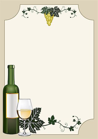 Wine shield or card background, restaurant menu template. Bottle of white wine, glass and bunch of grapes Stock Photo - Budget Royalty-Free & Subscription, Code: 400-04399871