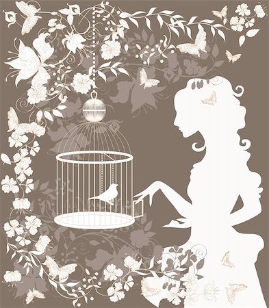 Vintage background with flowers, bird and girl silhouette. Stock Photo - Budget Royalty-Free & Subscription, Code: 400-04390462