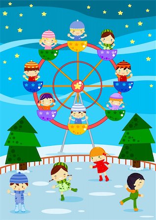 Illustration about some kids having fun in a winter fair, some are skating on the ice rink and some are enjoying the ferris wheel Stock Photo - Budget Royalty-Free & Subscription, Code: 400-04392170