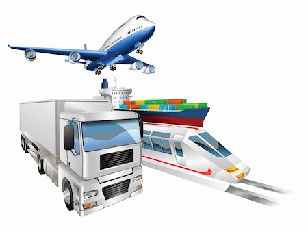 shipping containers for rail - Logistics concept illustration, airplane, truck, train and cargo container ship. Stock Photo - Budget Royalty-Free & Subscription, Code: 400-04392653