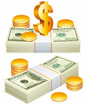 simsearch:400-04011910,k - Two packs of dollars, golden coins and sign of dollar currency. Stock Photo - Budget Royalty-Free & Subscription, Code: 400-04393104
