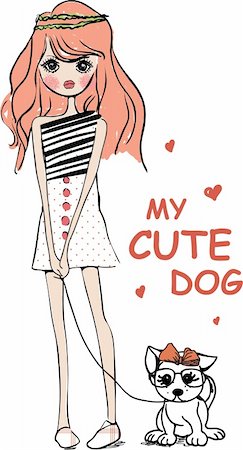 summer sweet illustration - cute illustration girl with dog   vector drawing  sketch Stock Photo - Budget Royalty-Free & Subscription, Code: 400-04393101