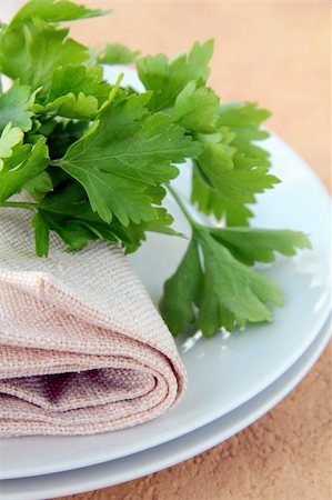simsearch:400-08786053,k - plates with a linen napkin and a sprig of parsley - organic menu Stock Photo - Budget Royalty-Free & Subscription, Code: 400-04393248