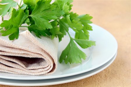 simsearch:400-08786053,k - plates with a linen napkin and a sprig of parsley - organic menu Stock Photo - Budget Royalty-Free & Subscription, Code: 400-04393249
