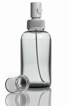simsearch:400-05713485,k - Sprayer medical bottle of clear glass isolated on white background with liquid and cap of transparent plastic. Frontal view, blank for label. 3d. Stock Photo - Budget Royalty-Free & Subscription, Code: 400-04393526