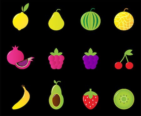 simsearch:400-05891431,k - Fruit icons Vector collection isolated on black - including lemon, melon, pear, strawberry, avocado, banana, kiwi etc. Stock Photo - Budget Royalty-Free & Subscription, Code: 400-04405474
