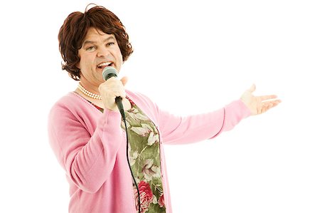 simsearch:841-06031350,k - Male cross dresser impersonates a middle-aged female singer.  Isolated on white. Stock Photo - Budget Royalty-Free & Subscription, Code: 400-04406946